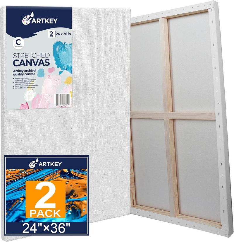 Artkey Stretched Canvases for Painting 24x36 Inch 2-Pack, 12.3 oz Triple Primed Acid-Free 100% Cotton Blank Canvas, Large Canvases for Oil Paint Acrylics Pouring & Wet Art Media, Pour Painting - Image 1